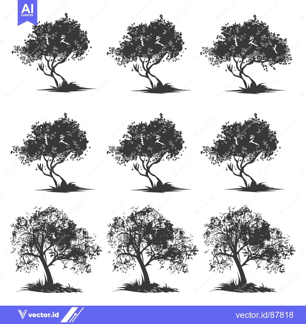 Premium Vector of Nine Black and White Silhouettes of Trees with Detailed Foliage