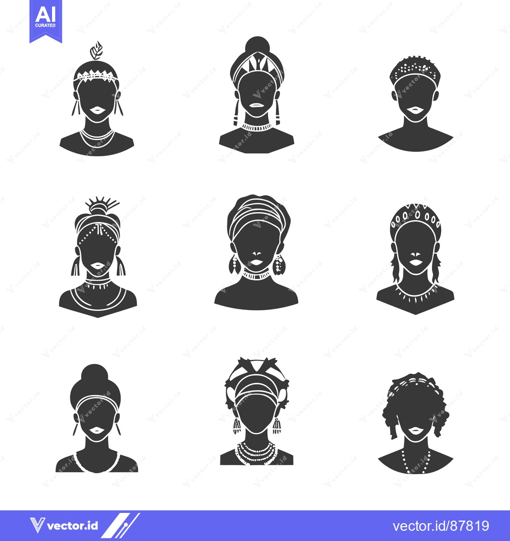 Premium Vector dari Nine Black and White Silhouettes of Women in Traditional African Headd