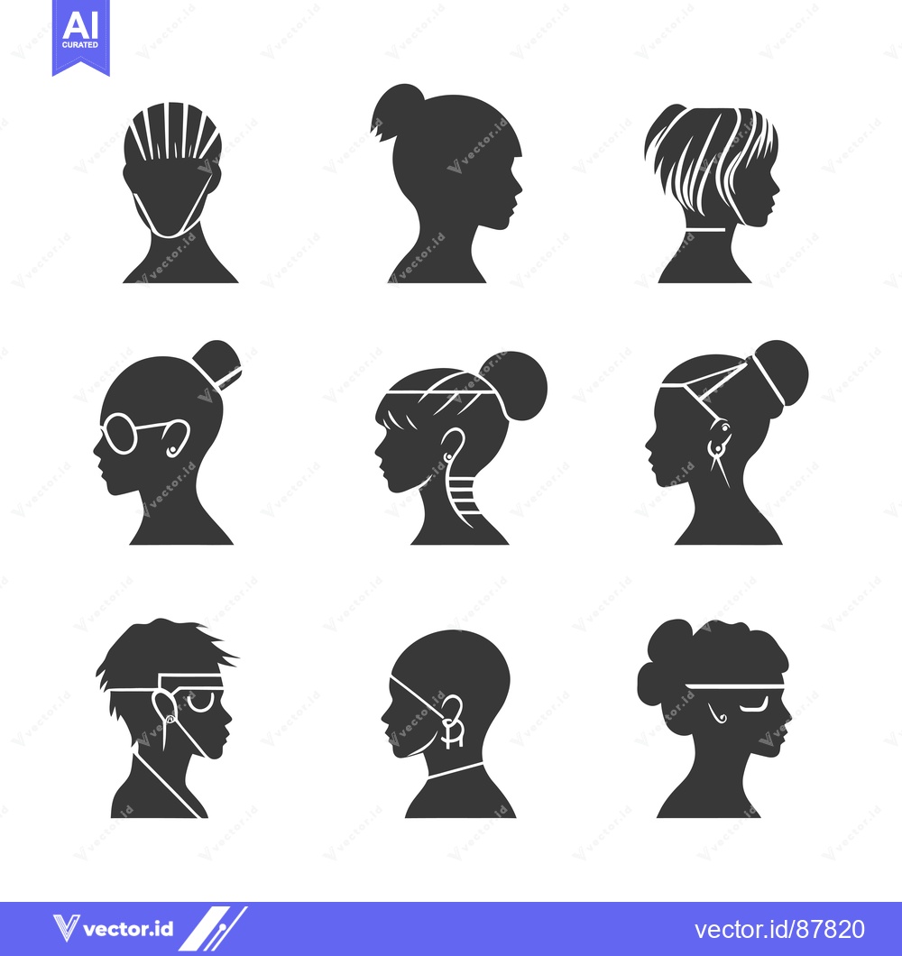 Premium Vector of Nine Black and White Silhouettes of Women's Heads with Different Hairs