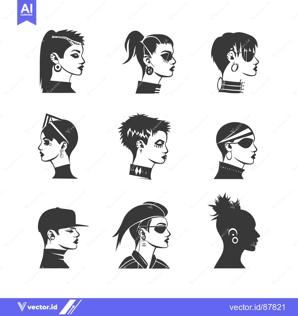 Premium Vector of Nine Black and White Silhouettes of Women with Different Hairstyles an
