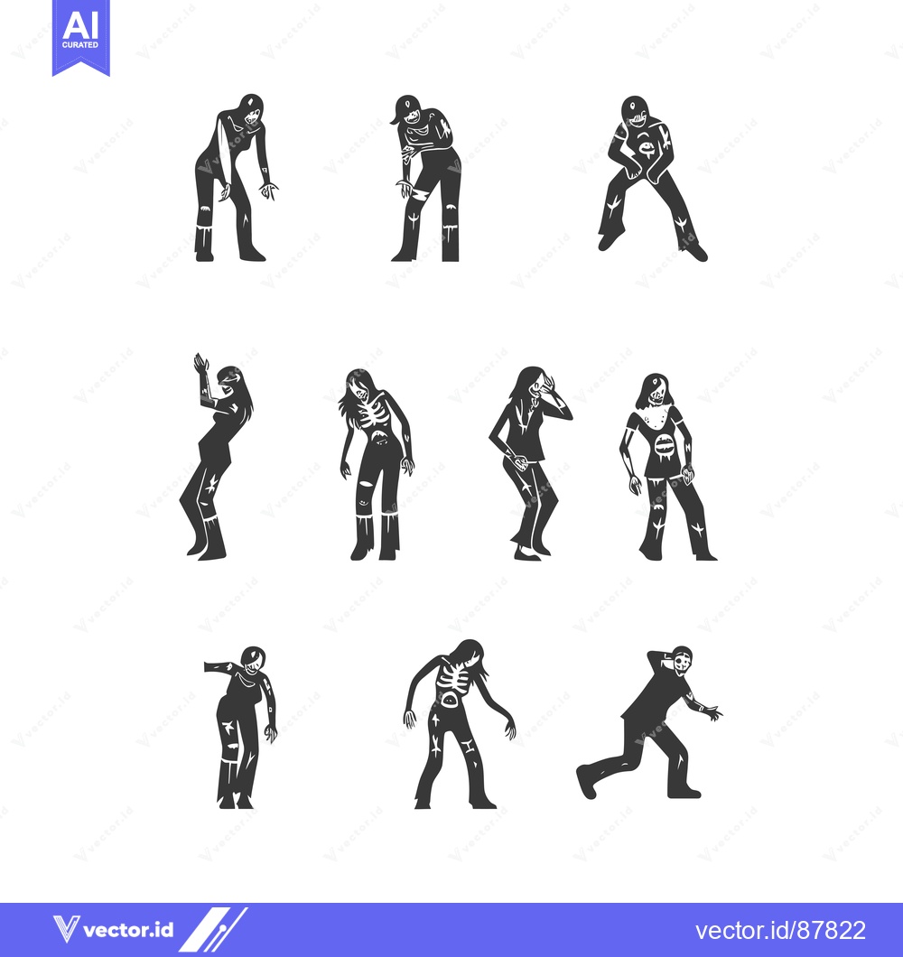 Premium Vector dari Nine Black and White Silhouettes of Zombies in Various Poses