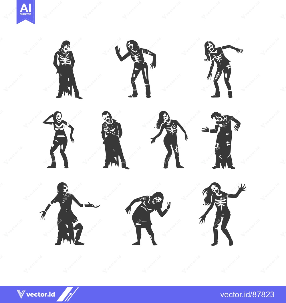 Premium Vector dari Nine Black And White Silhouette Zombies With Torn Clothing