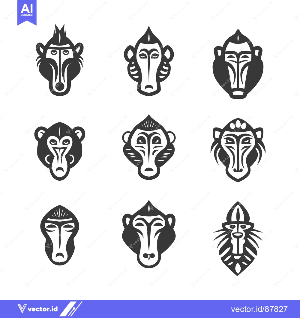 Premium Vector dari Nine Black and White Stylized Baboon Faces