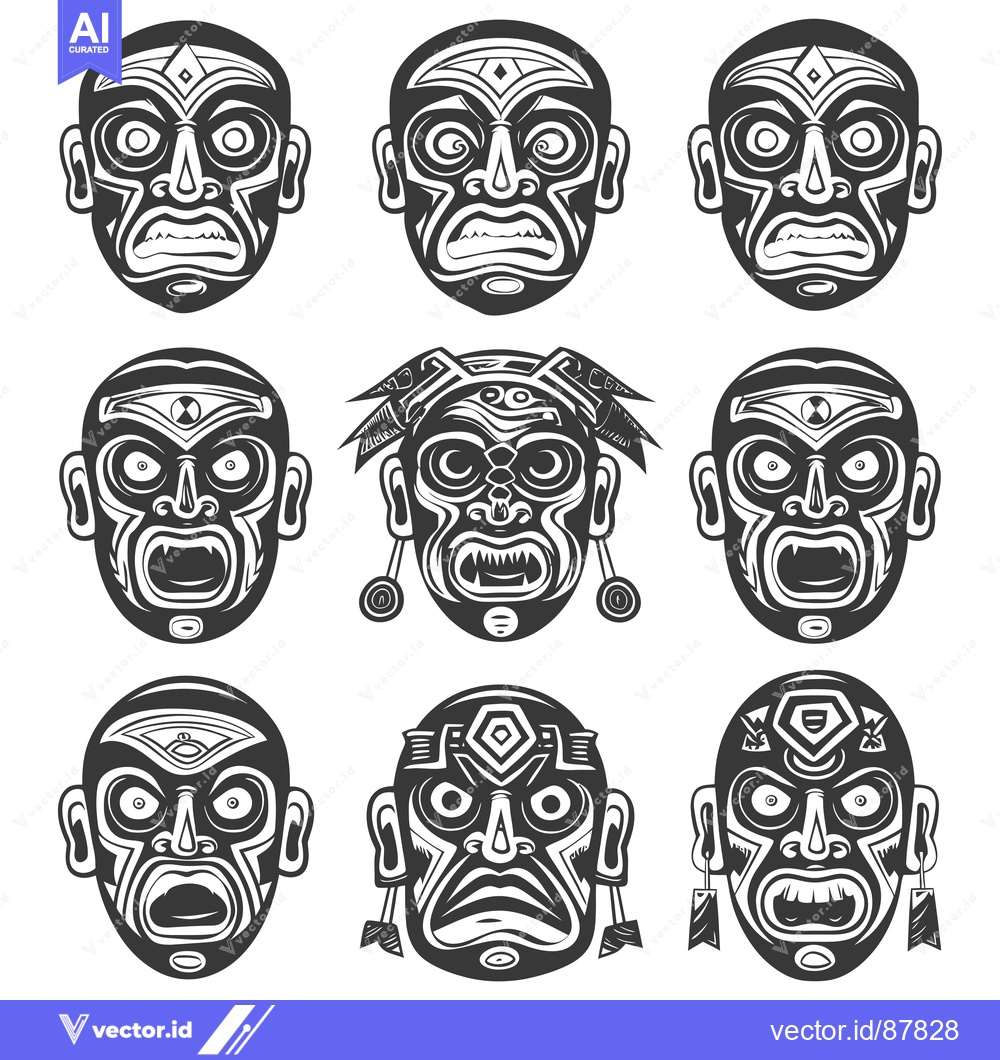 Premium Vector dari Nine Black and White Tribal Masks with Geometric Patterns