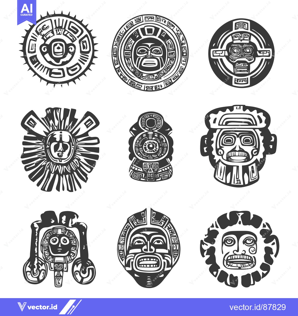 Premium Vector of Nine Black and White Tribal Masks with Intricate Patterns