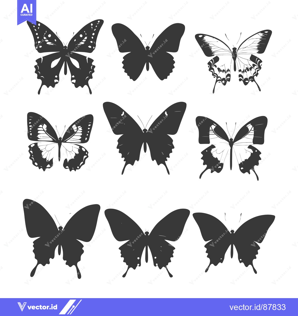 Premium Vector of Nine Black Butterfly Silhouettes on a White Background
