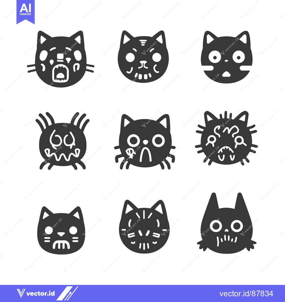 Premium Vector of Nine Black Cat Icons with Various Facial Expressions
