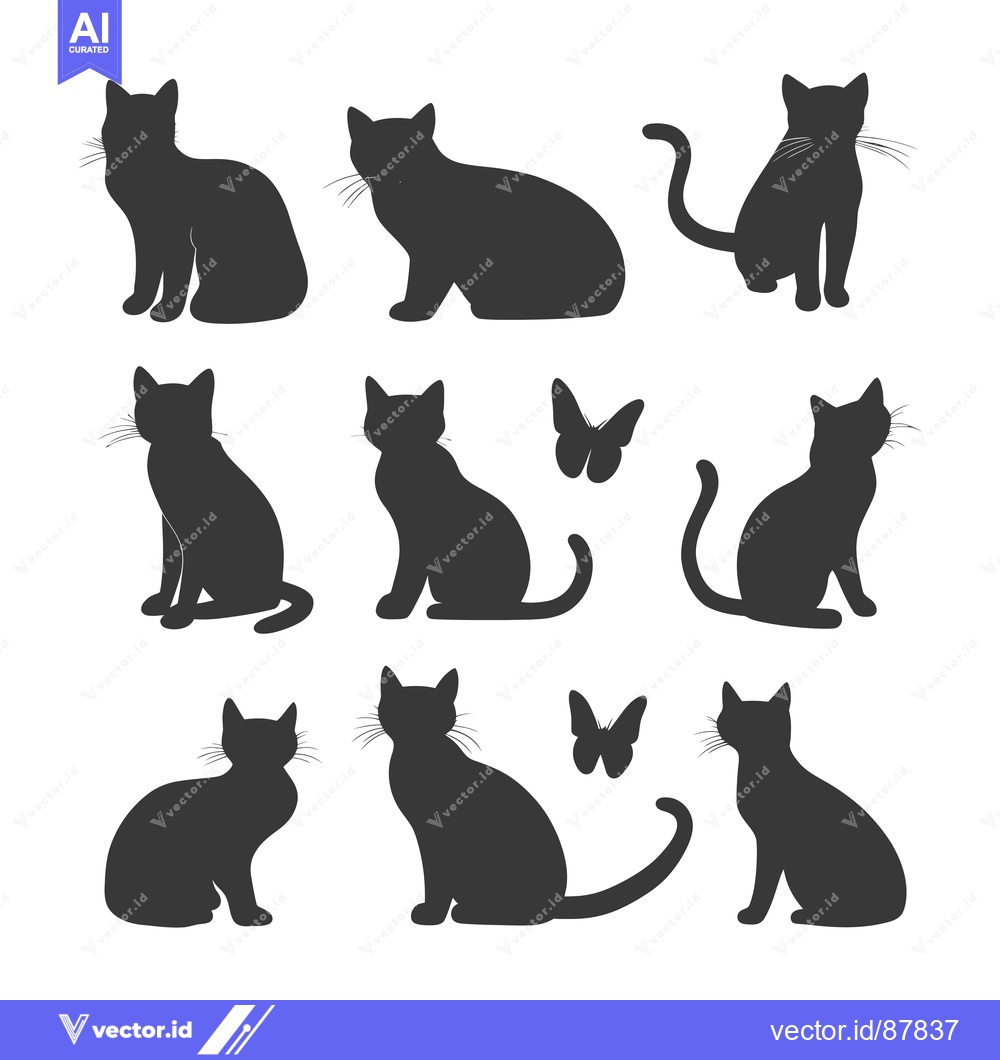 Premium Vector dari Nine Black Cat Silhouettes with Two Butterflies