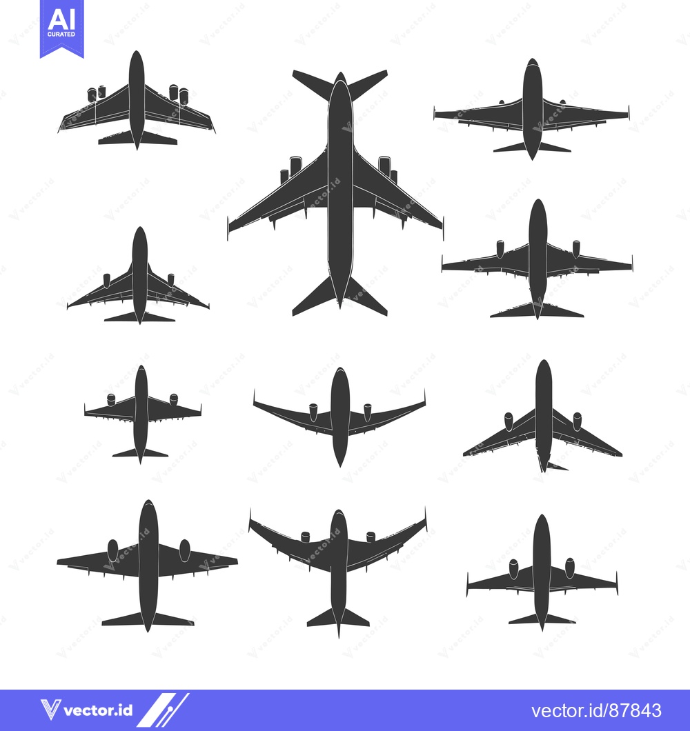 Premium Vector dari Nine Black Silhouettes of Airplanes Viewed From Above