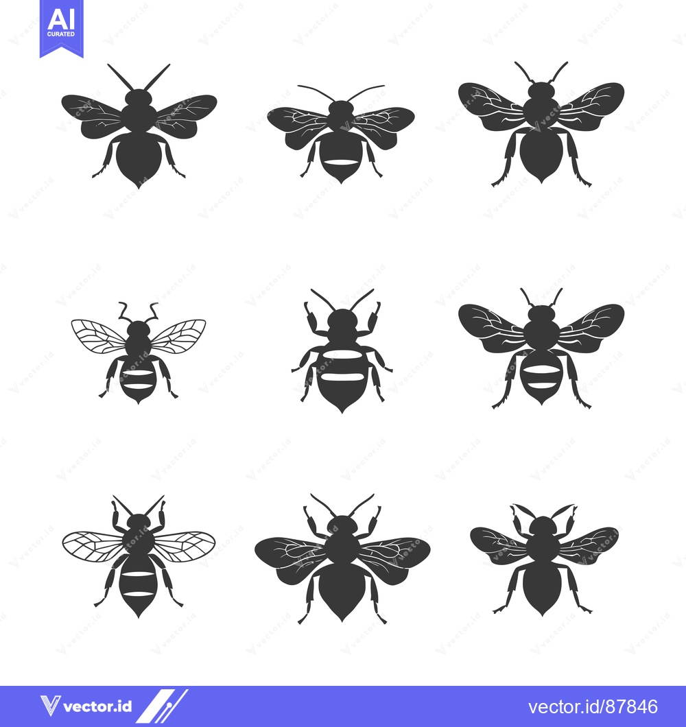 Premium Vector dari Nine Black Silhouettes of Bees in Various Poses