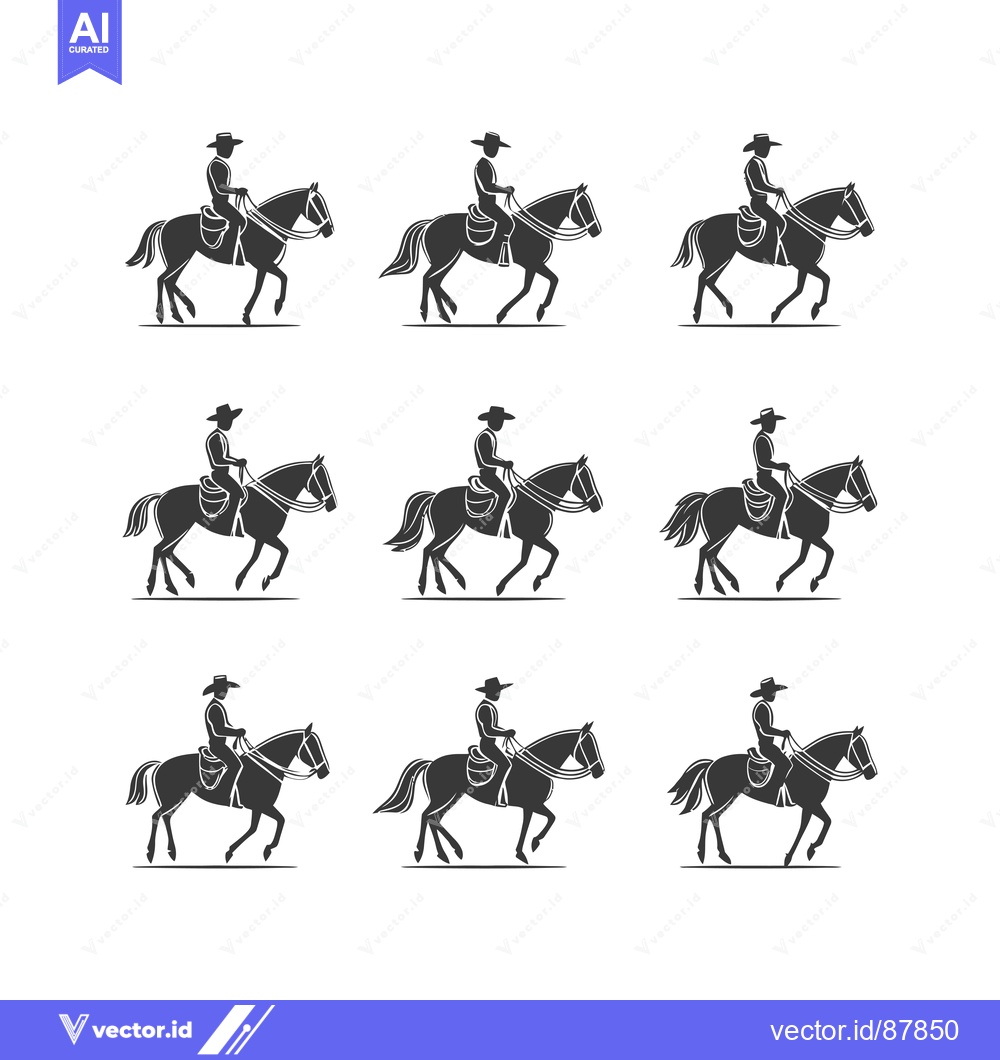 Premium Vector dari Nine Black Silhouettes of Cowboys Riding Horses