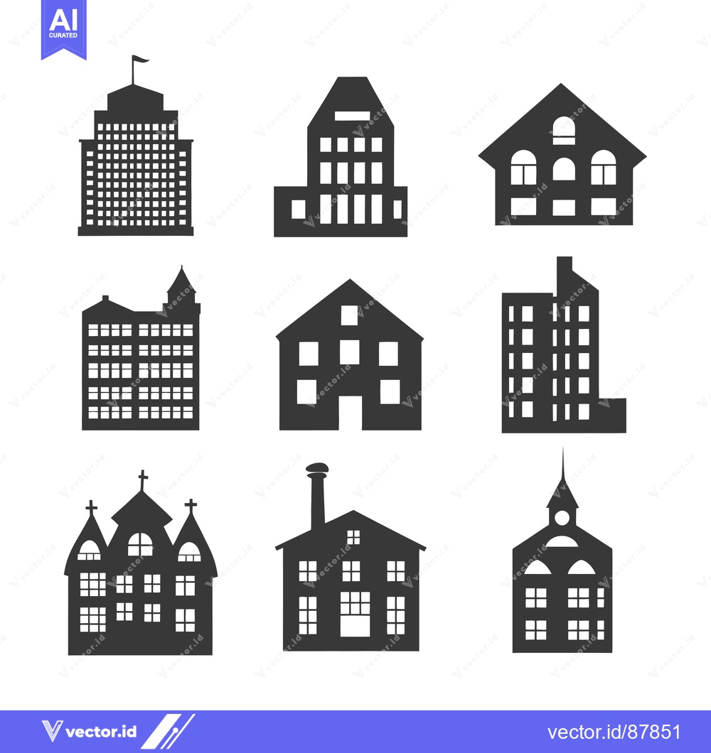 Premium Vector dari Nine Black Silhouettes of Different Building Styles