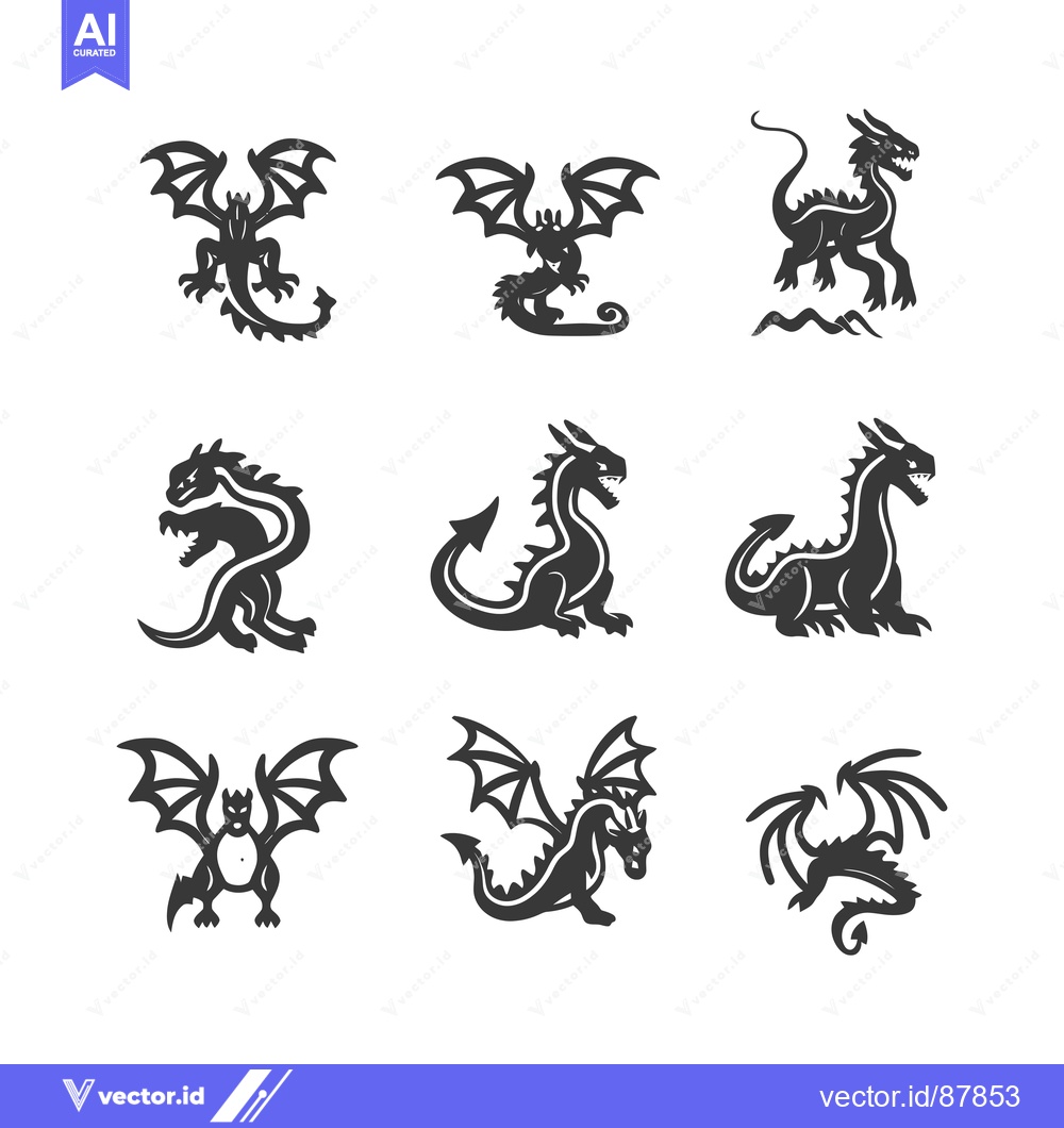 Premium Vector dari Nine Black Silhouettes of Dragons in Different Poses