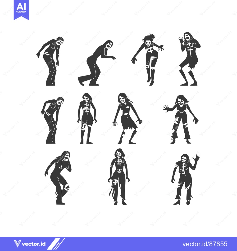 Premium Vector of Nine Black Silhouettes of Female Zombies in Various Poses