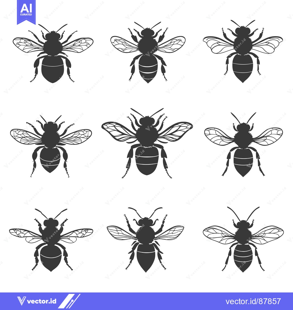 Premium Vector dari Nine Black Silhouettes of Honey Bees in Flight