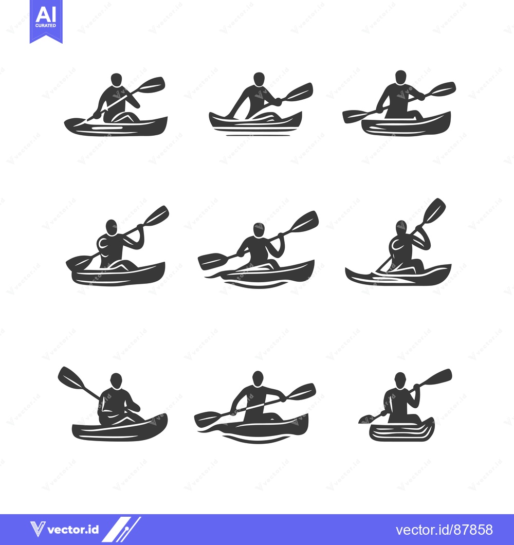 Premium Vector of Nine Black Silhouettes of Kayakers Paddling