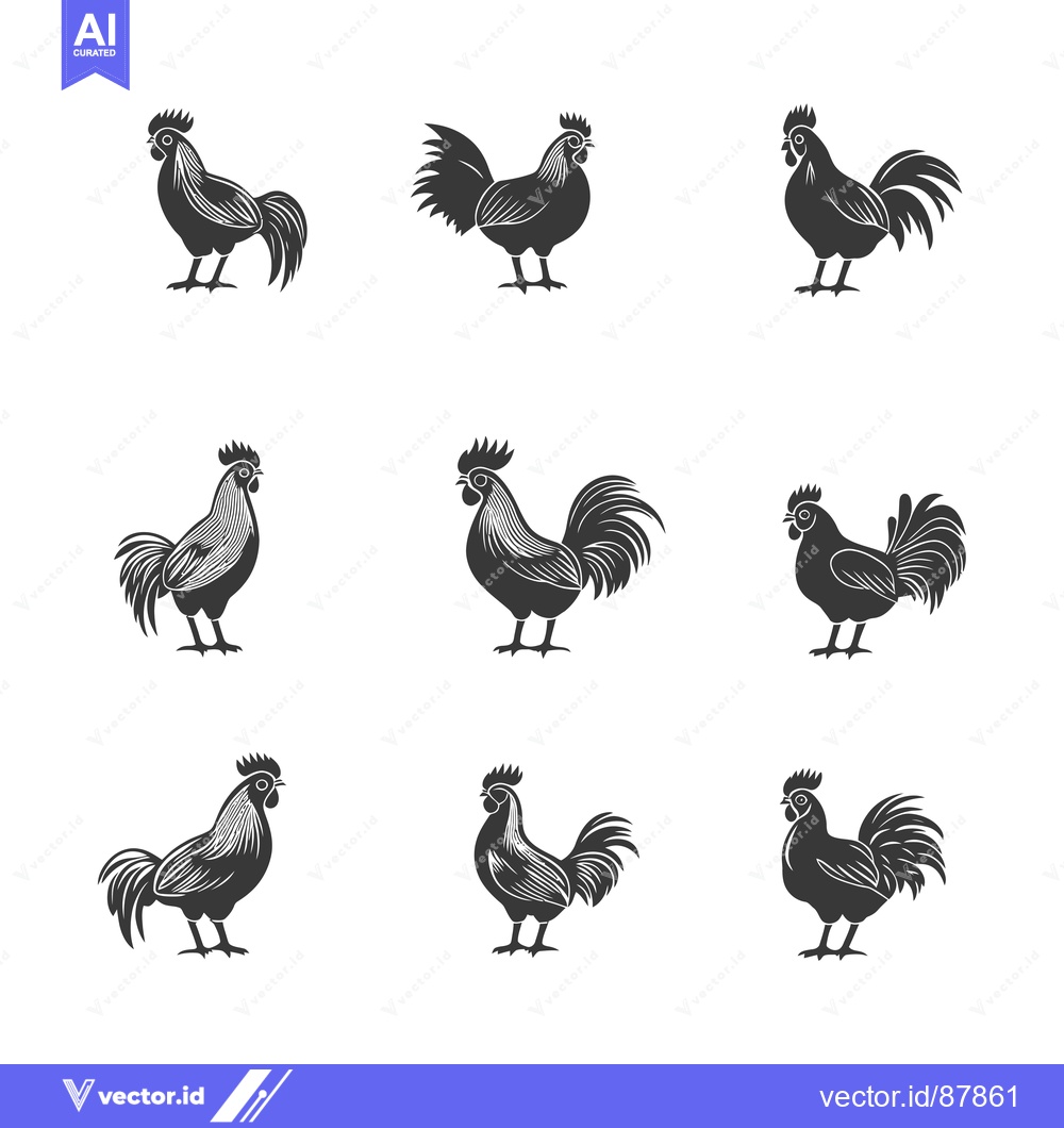 Premium Vector of Nine Black Silhouettes of Roosters in Various Poses