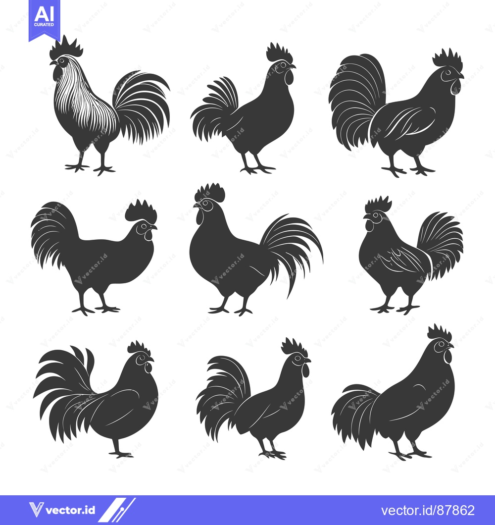 Premium Vector of Nine Black Silhouettes of Roosters in Various Poses