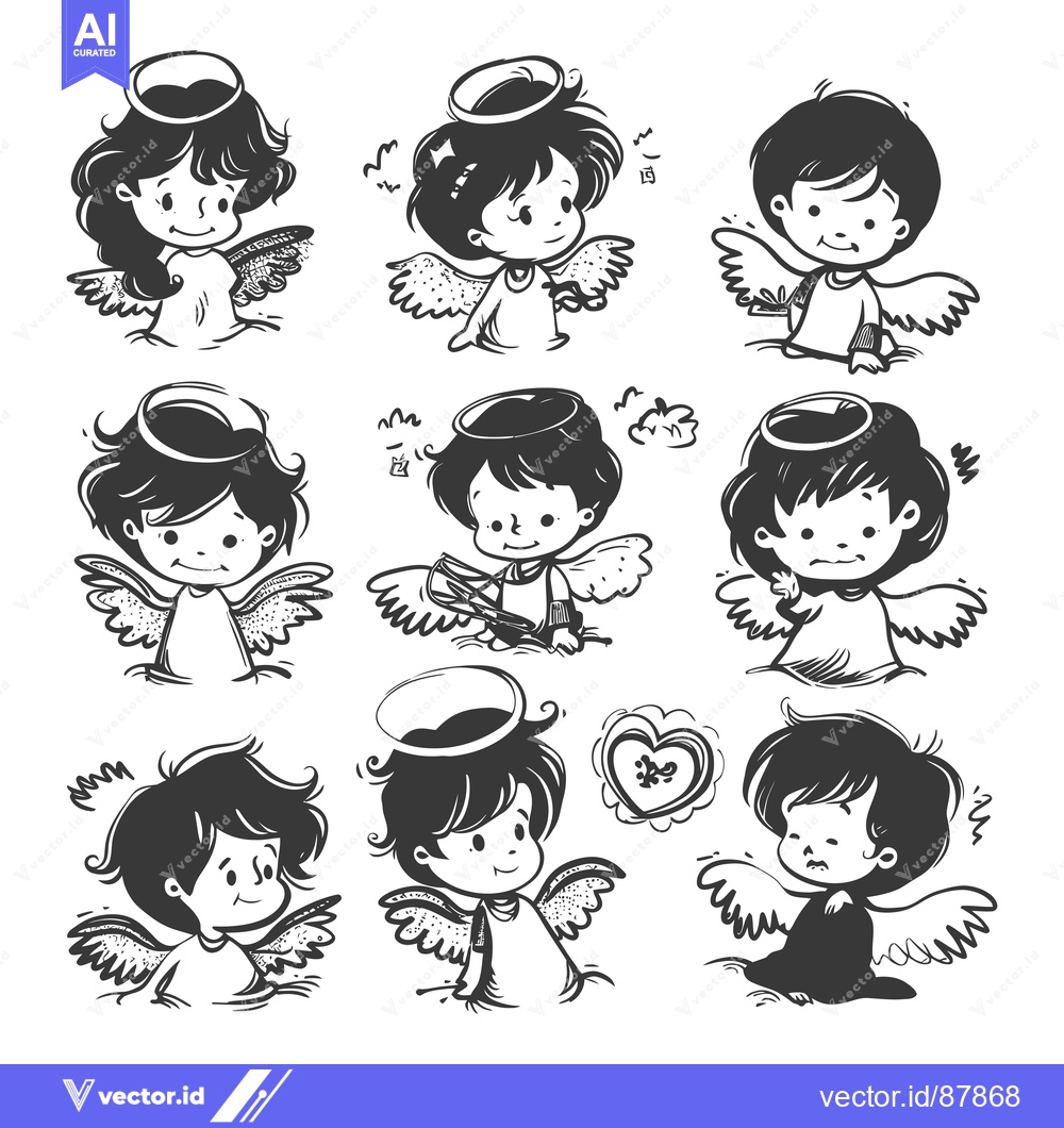 Premium Vector of Nine Cartoon Angels with Halo and Wings
