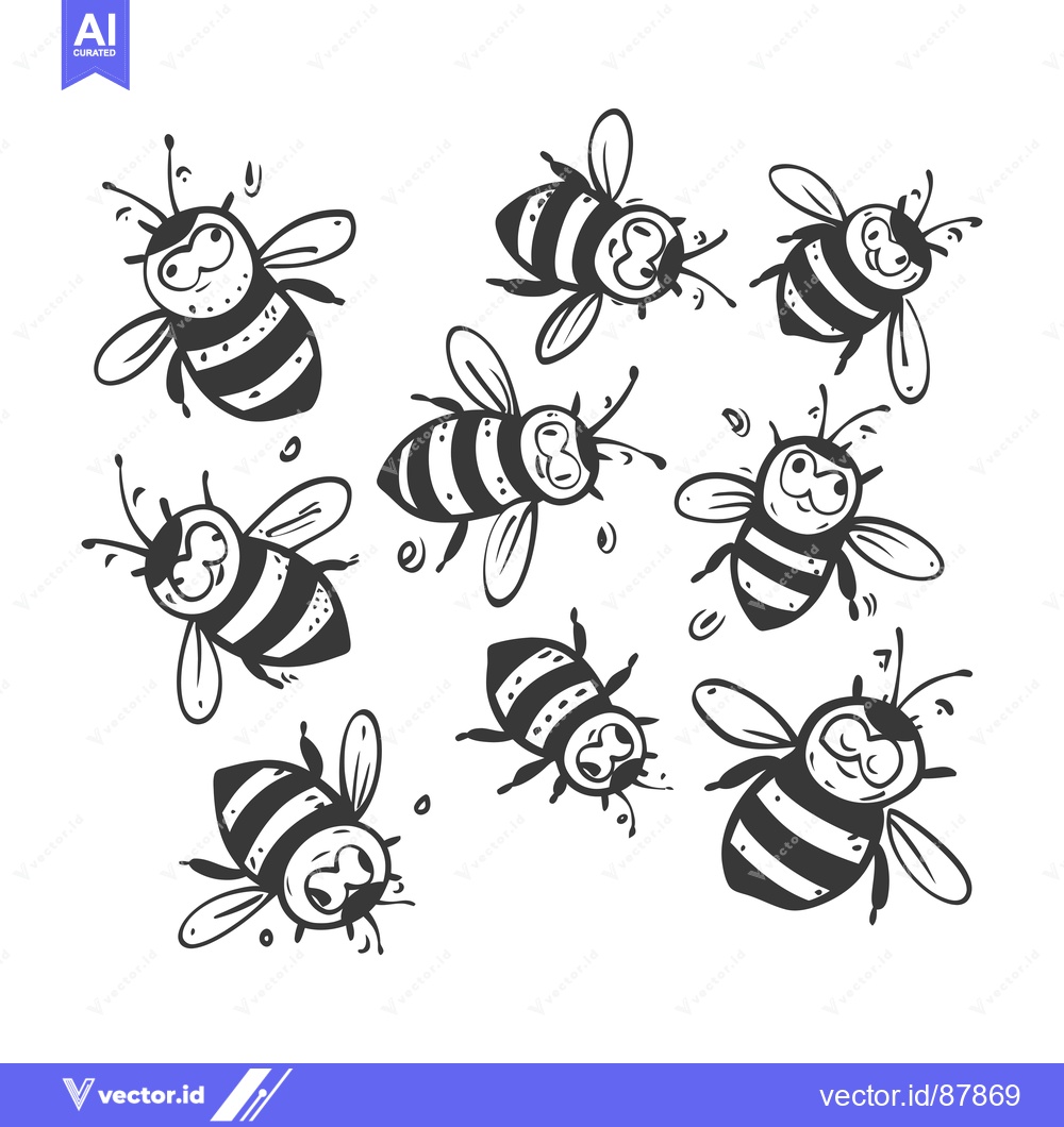 Premium Vector of Nine Cartoon Bees with Striped Bodies and Big Eyes