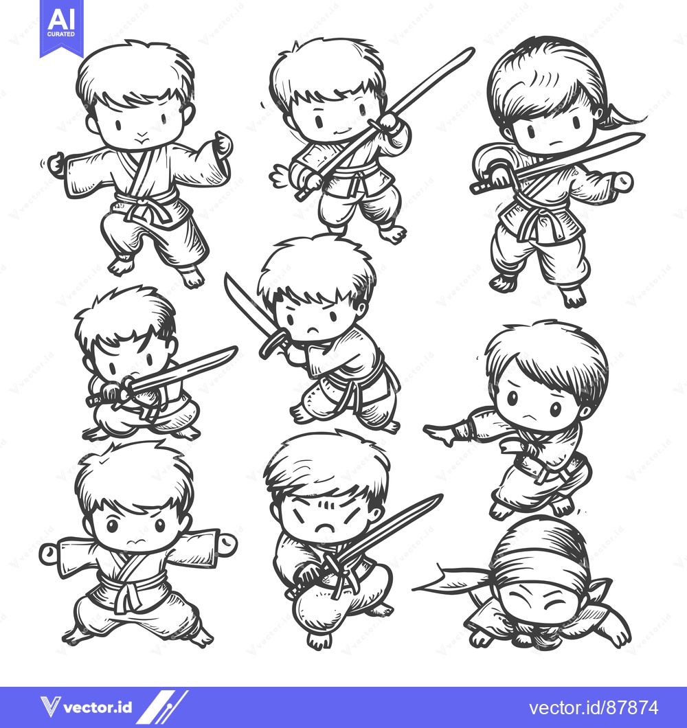 Premium Vector of Nine Cartoon Characters in Traditional Japanese Martial Arts Clothing