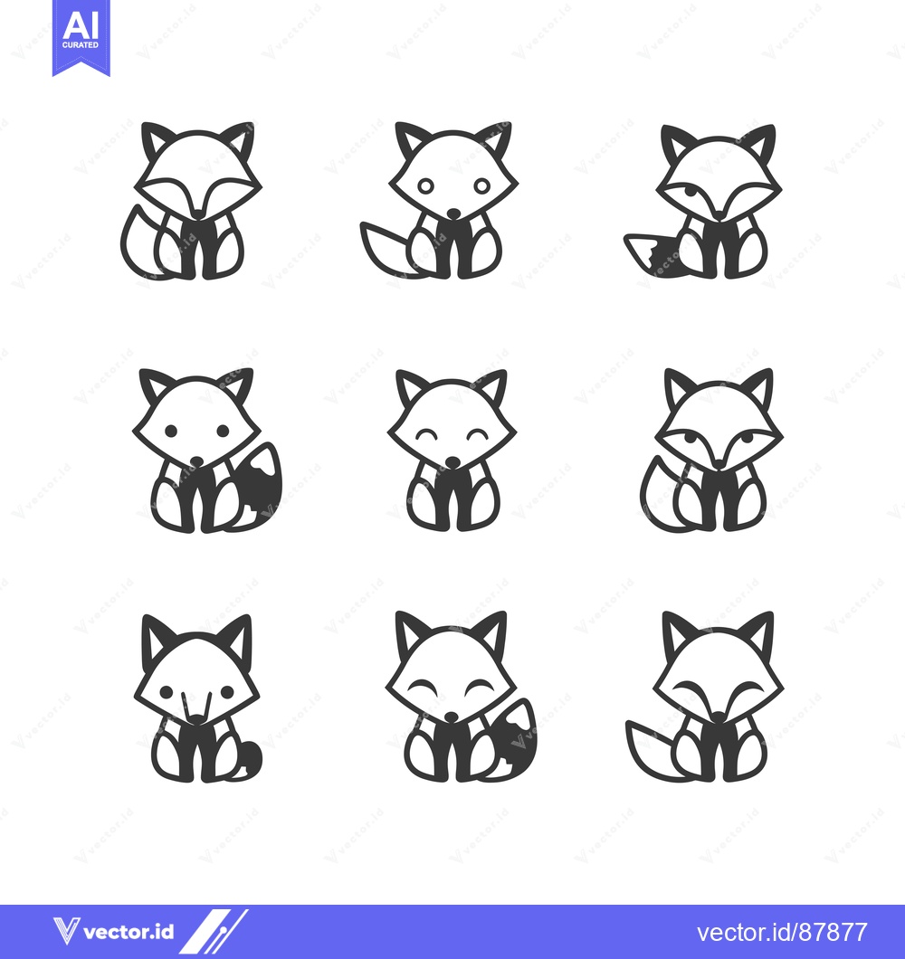 Premium Vector dari Nine Cartoon Fox Illustrations in Black and White