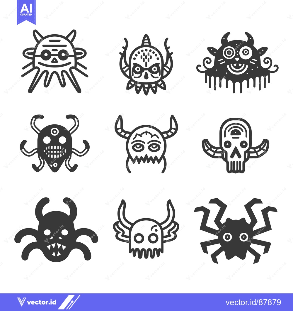 Premium Vector dari Nine Cartoon Monster Designs with Skull-Like Faces