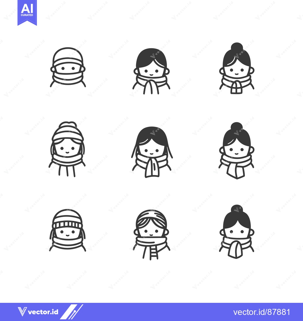 Premium Vector dari Nine Cartoon People Wearing Winter Hats and Scarves