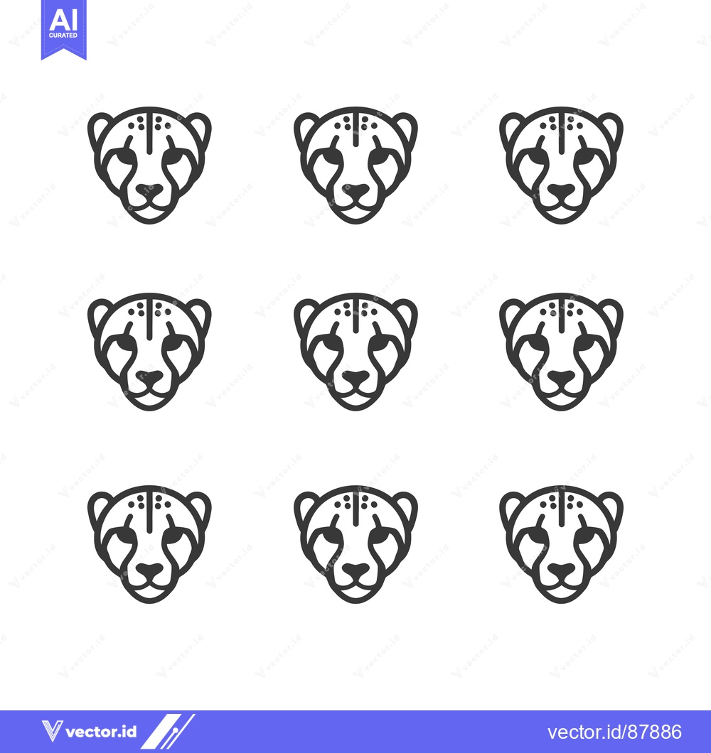 Premium Vector dari Nine Cheetah Faces with Black Outline and White Background