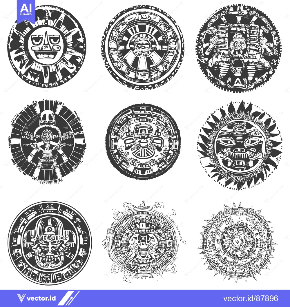 Premium Vector dari Nine Circular Aztec Calendar Illustrations with Intricate Designs and