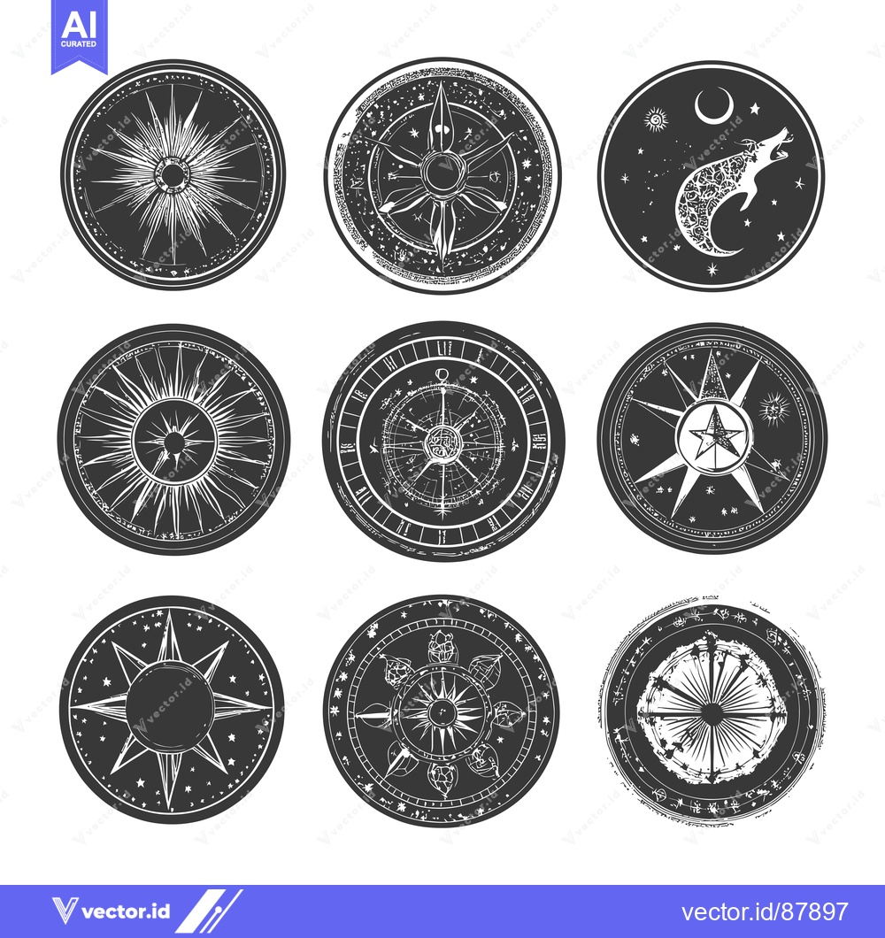 Premium Vector dari Nine Circular Celestial Designs with Stars, Sun, Moon, and Compass