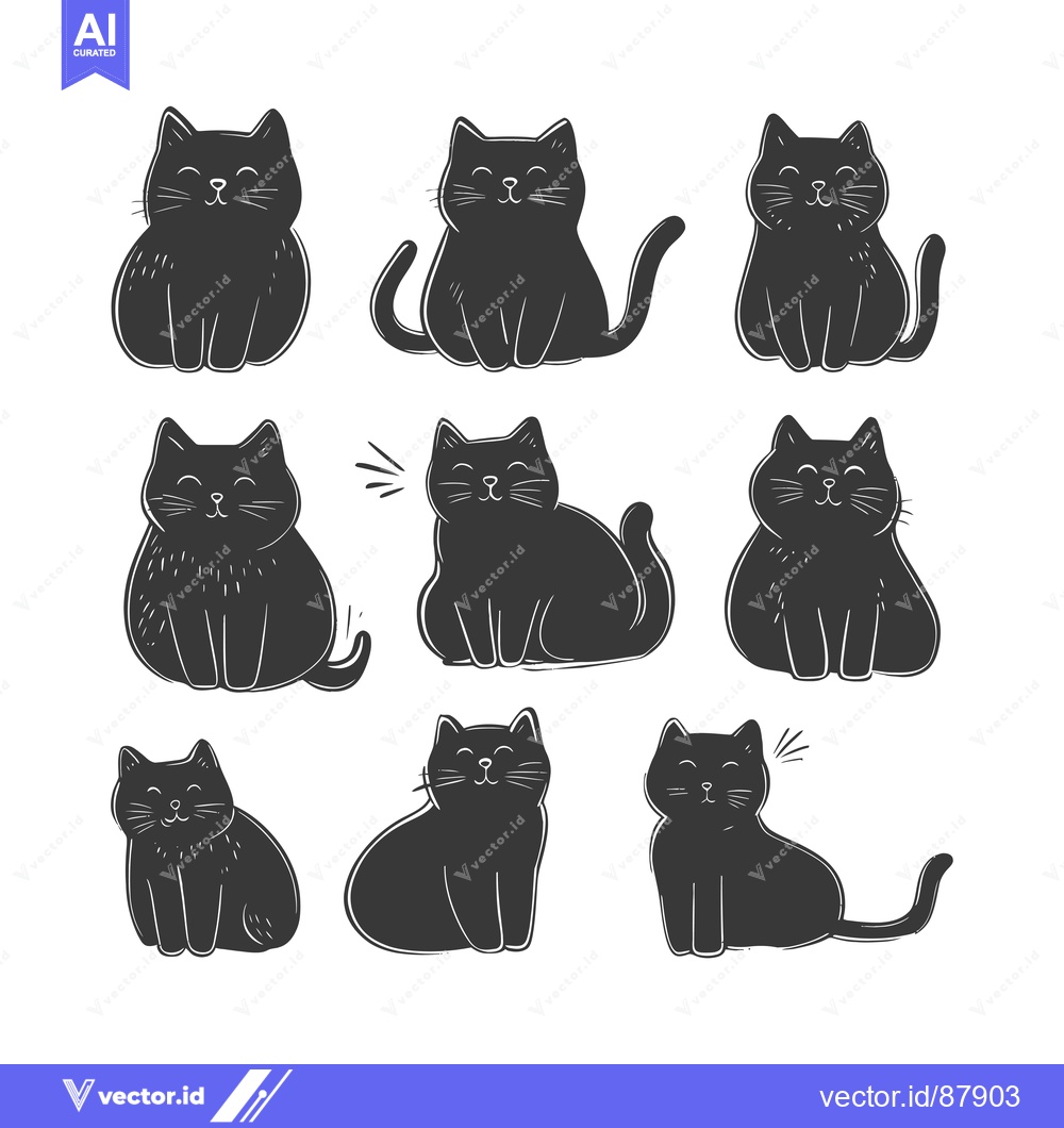 Premium Vector dari Nine Cute Black Cats Sitting with Happy Expressions