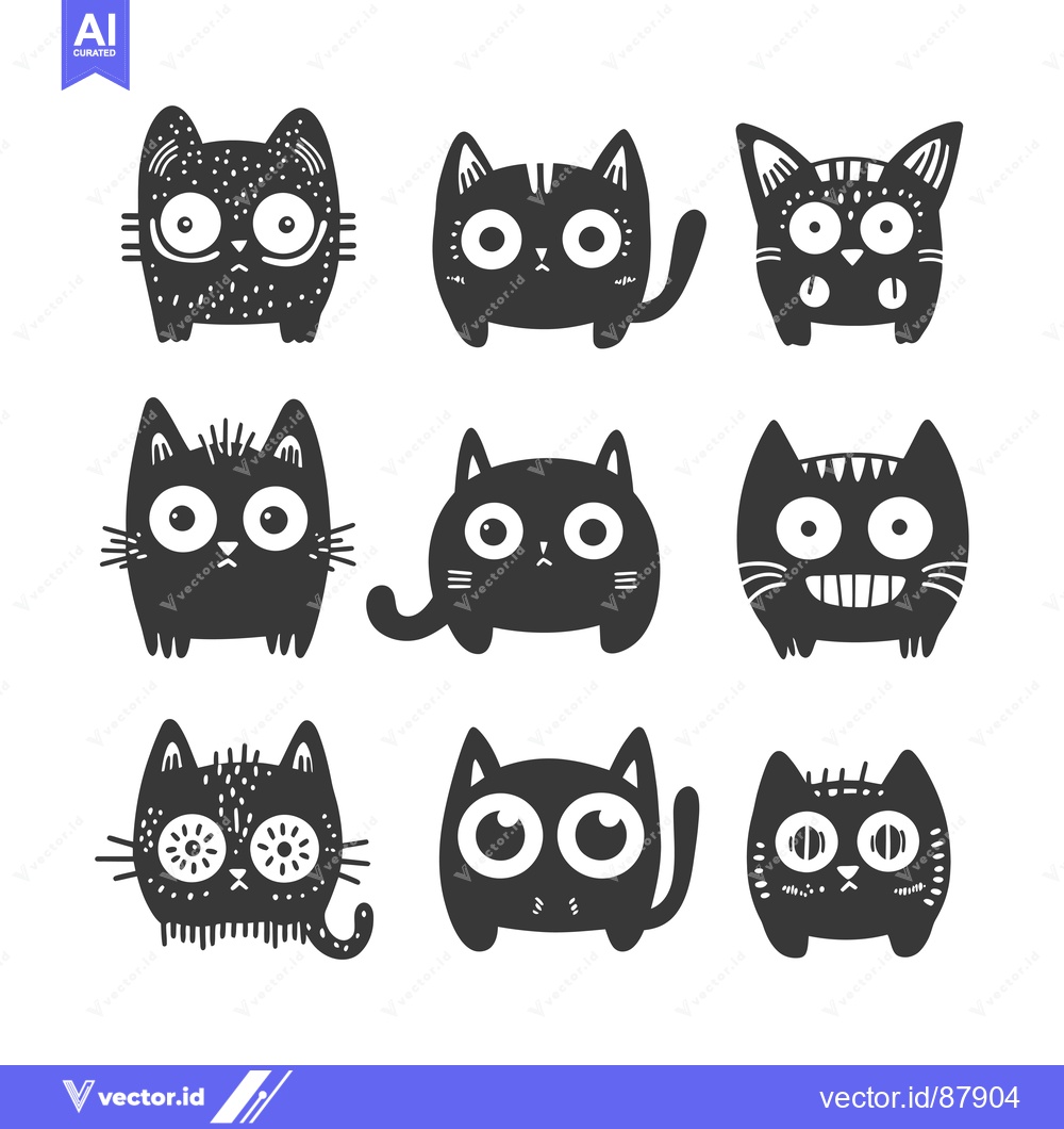Premium Vector of Nine Cute Black Cats with Different Expressions