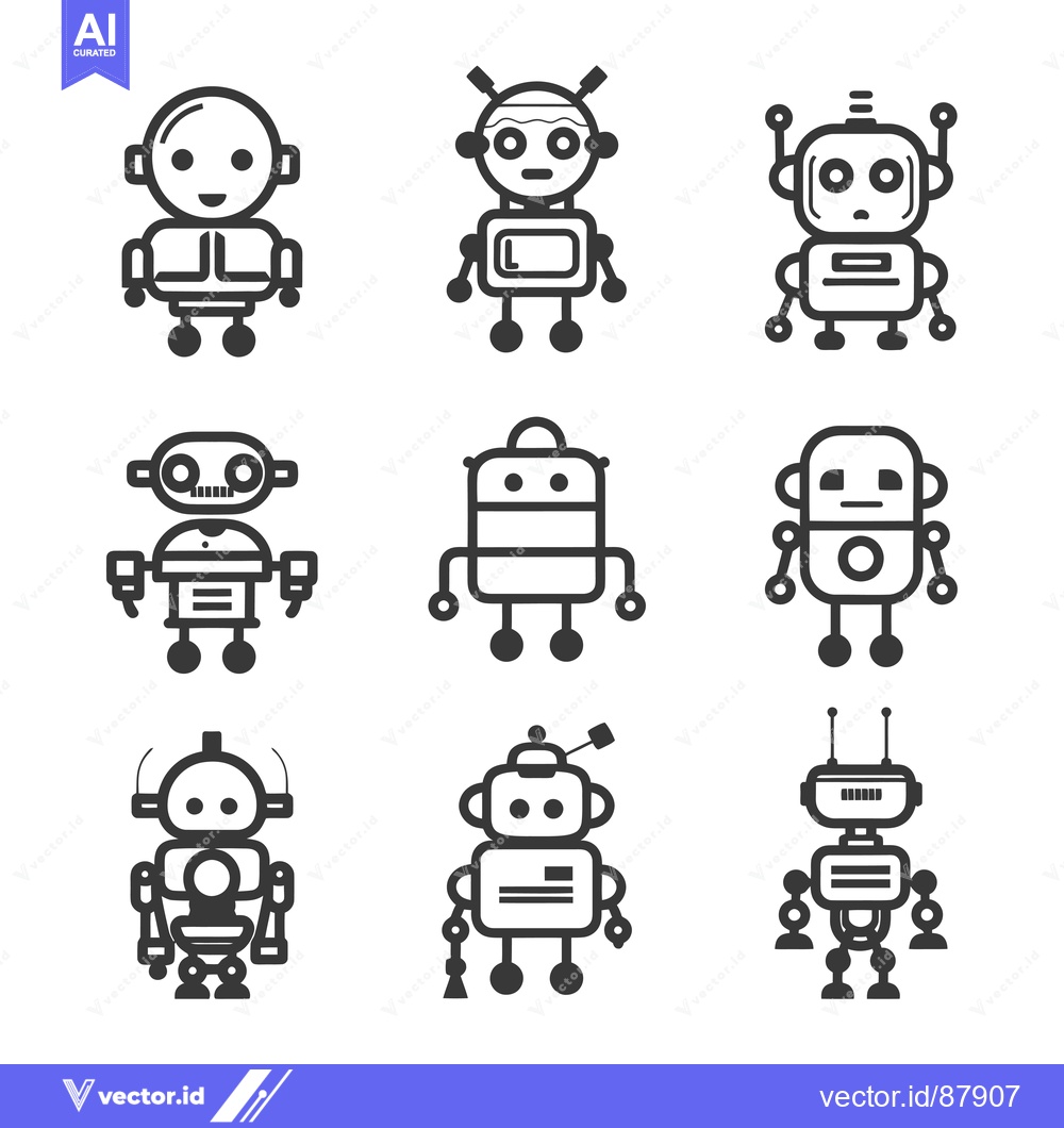Premium Vector dari Nine Cute Robot Icons in Black Outline Style