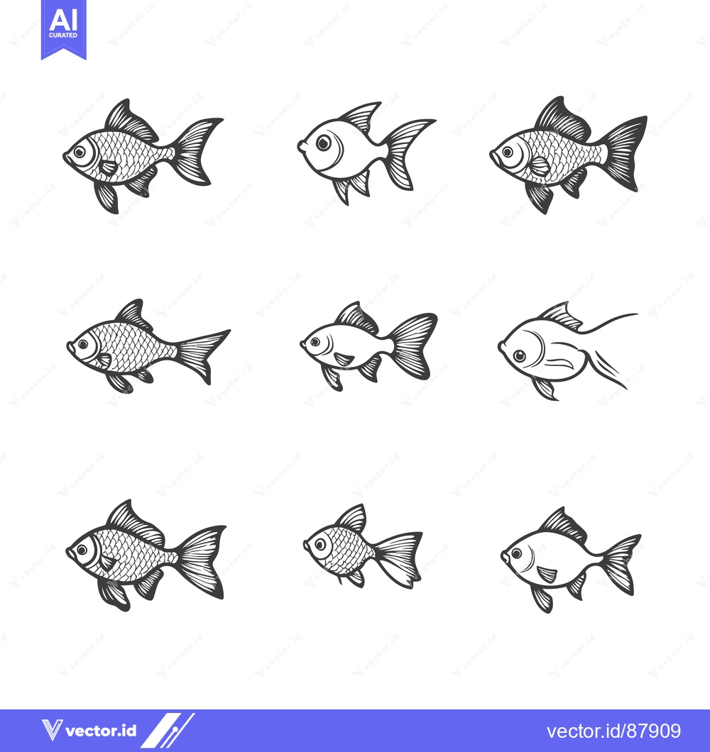 Premium Vector dari Nine Detailed Line Drawings of Fish in Various Poses