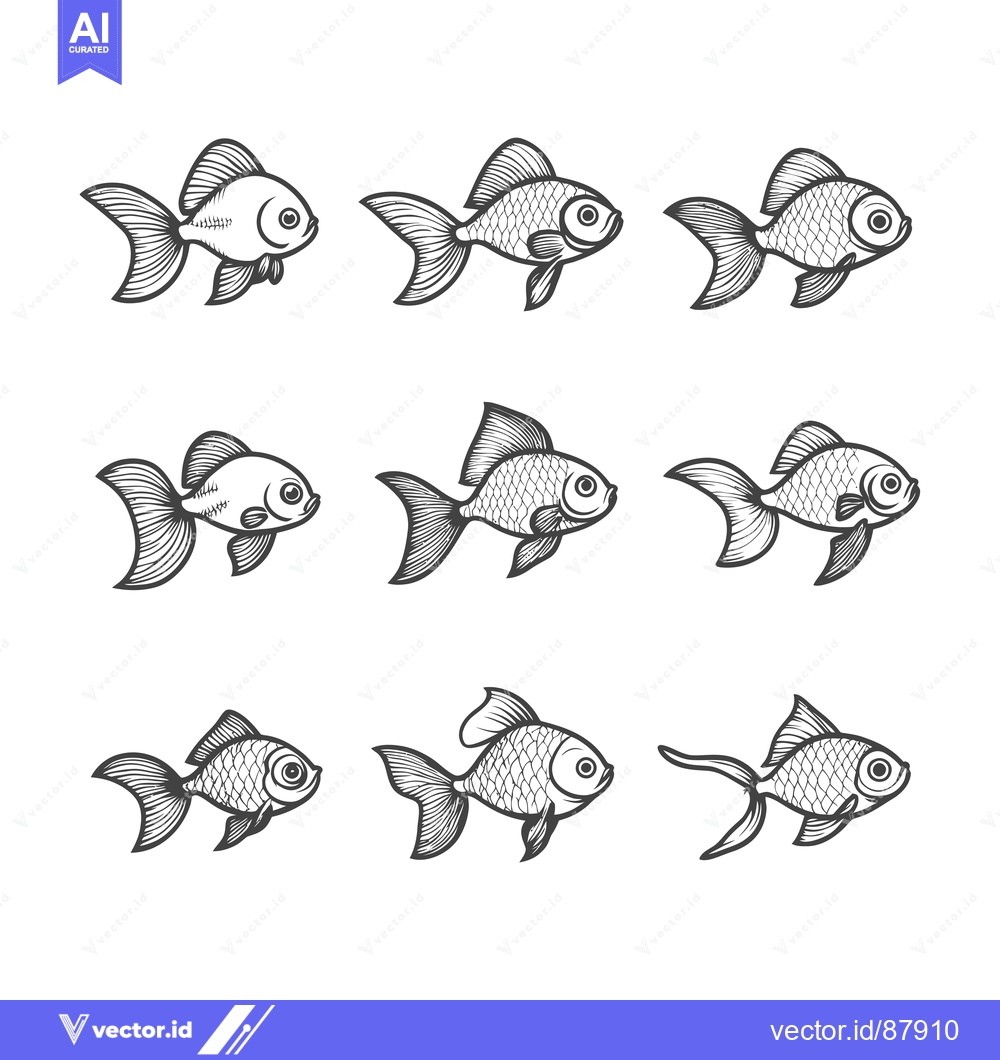 Premium Vector of Nine Detailed Line Drawings of Goldfish in Different Poses