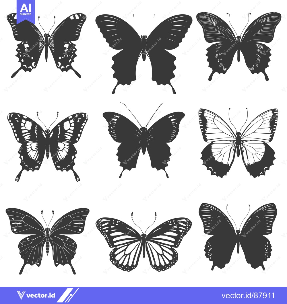 Premium Vector dari Nine Detailed Silhouettes of Butterflies with Spread Wings
