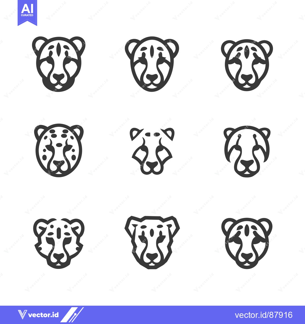Premium Vector of Nine Different Black and White Outline Cheetah Head Icons
