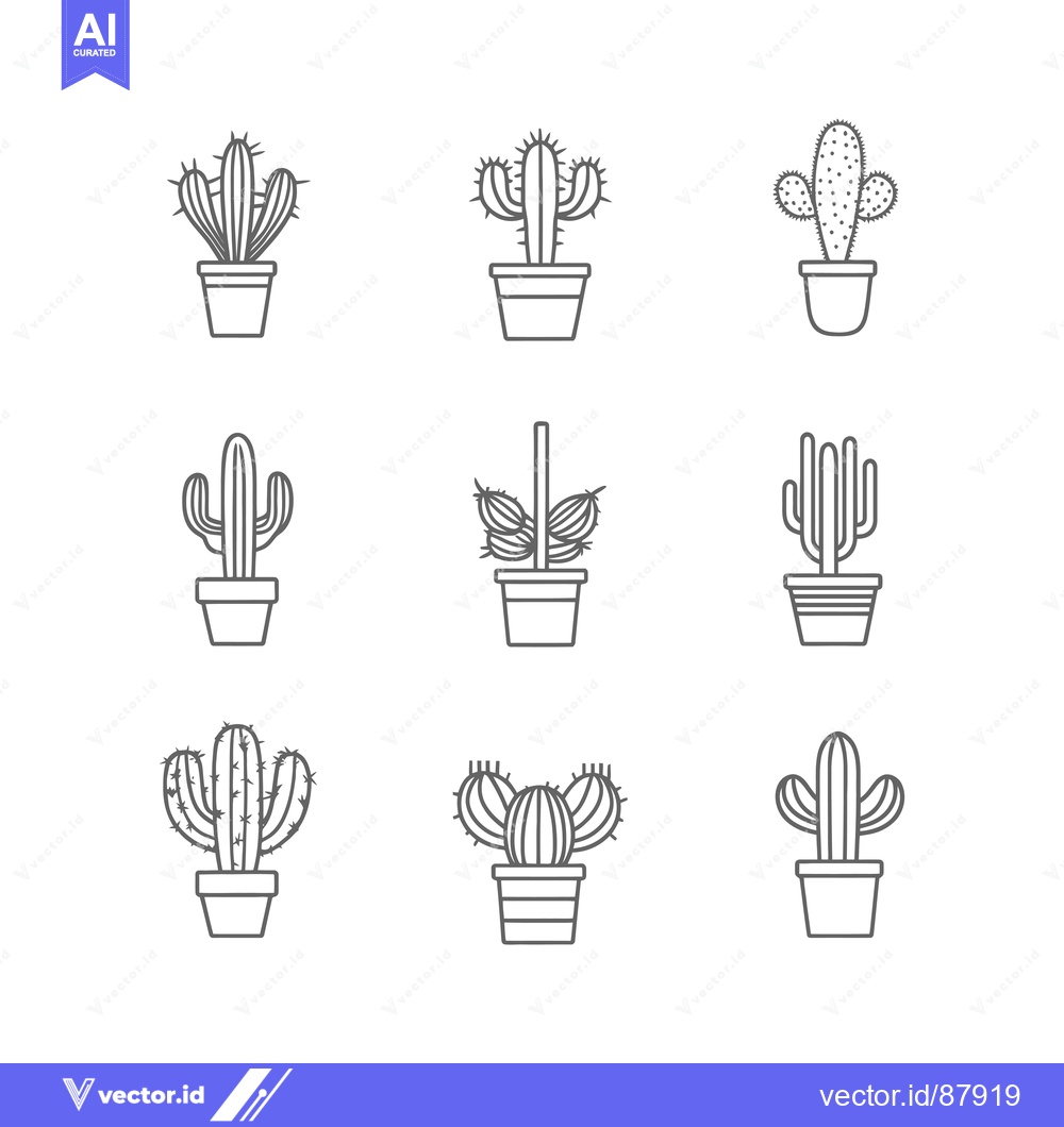 Premium Vector dari Nine Different Cactus Plants in Pots, Illustrated in Simple Outline St