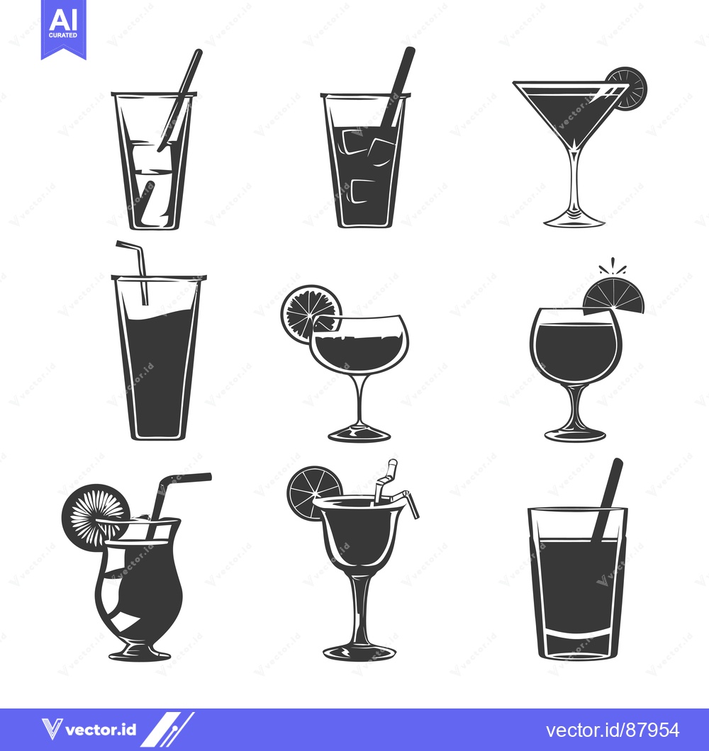 Premium Vector dari Nine Different Types of Cocktails and Drinks with Straws and Garnish