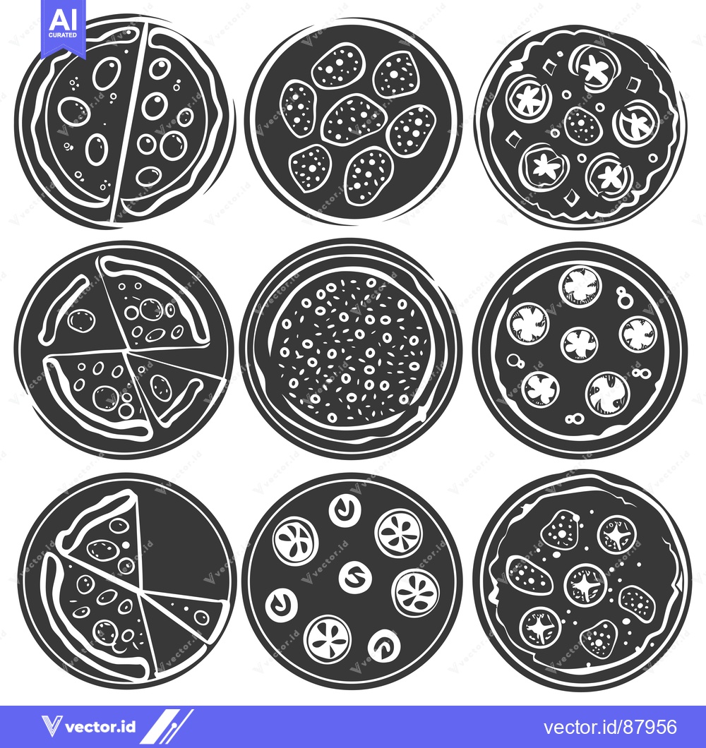 Premium Vector of Nine Different Types of Pizza Drawn in Black and White