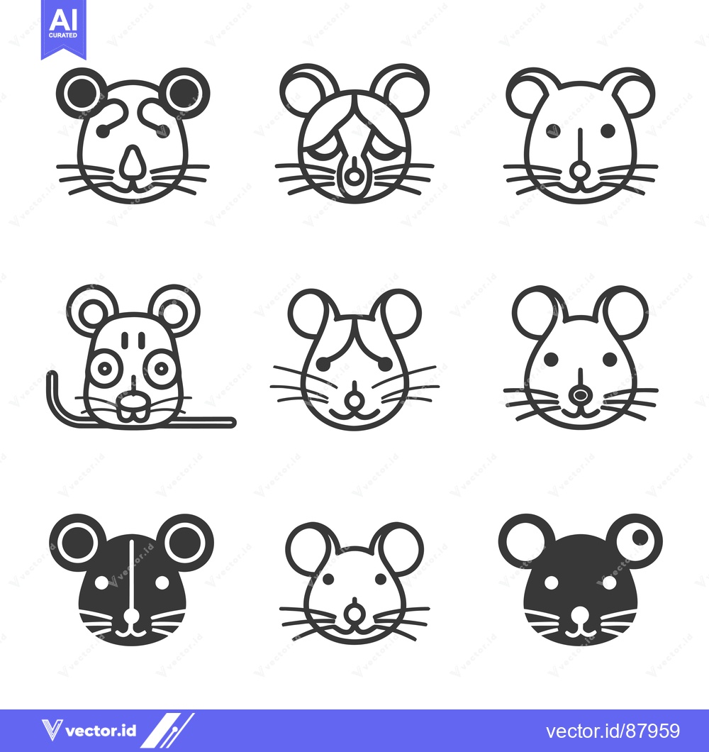 Premium Vector dari Nine Diverse Mouse Head Icons in Black and White