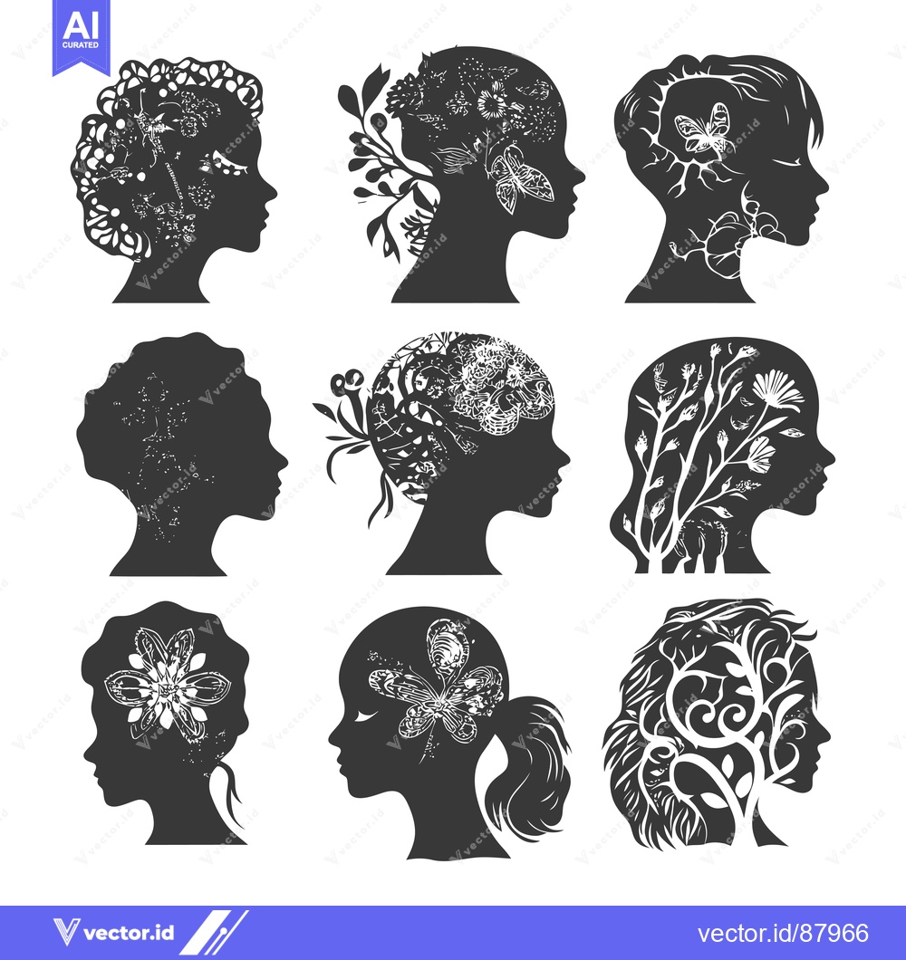 Premium Vector dari Nine Female Silhouettes with Floral and Butterfly Motifs