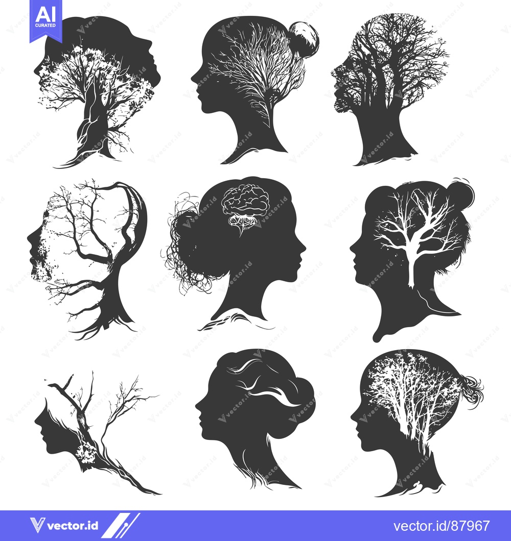 Premium Vector dari Nine Female Silhouettes with Tree Branches and a Brain Inside