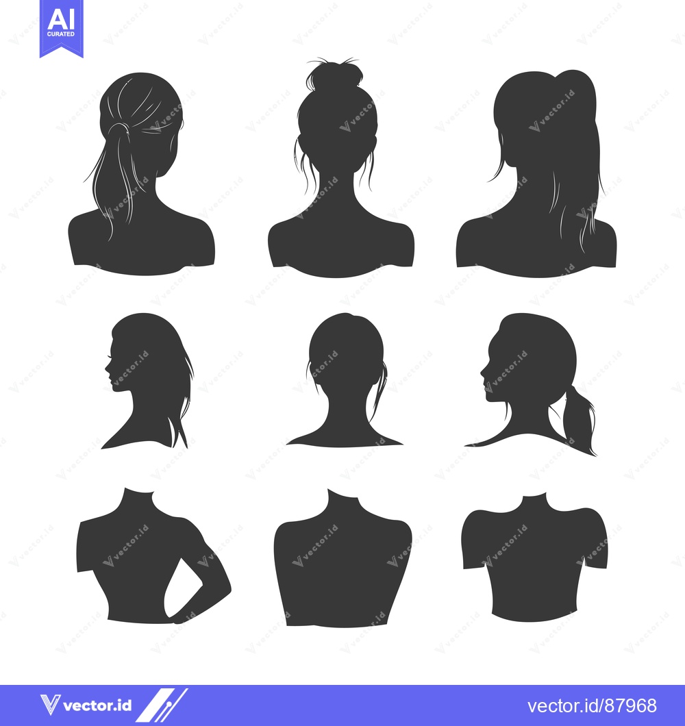 Premium Vector dari Nine Female Silhouettes with Varied Hairstyles and Poses