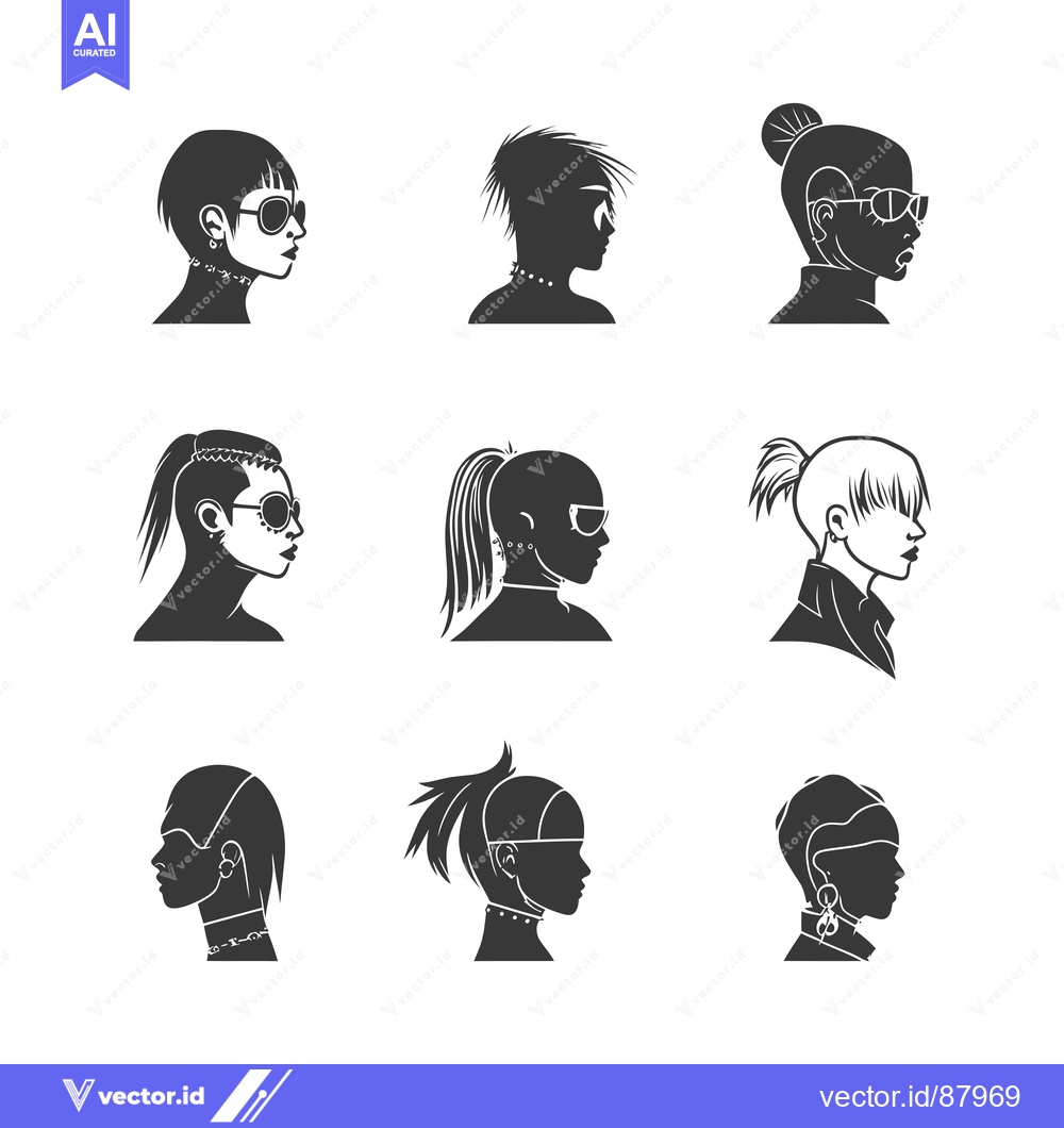 Premium Vector dari Nine Female Silhouettes with Varying Hairstyles and Accessories