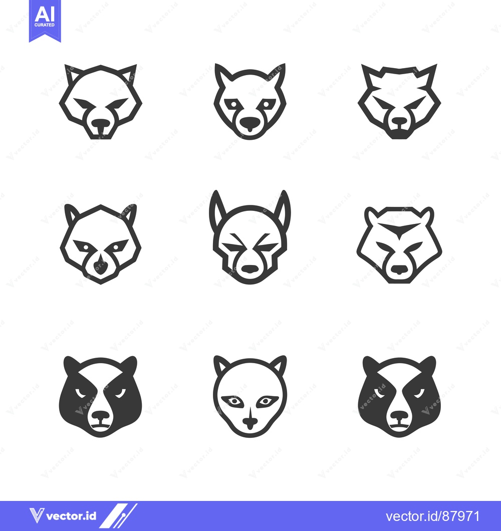 Premium Vector of Nine Geometric Animal Head Icons with Black Outlines