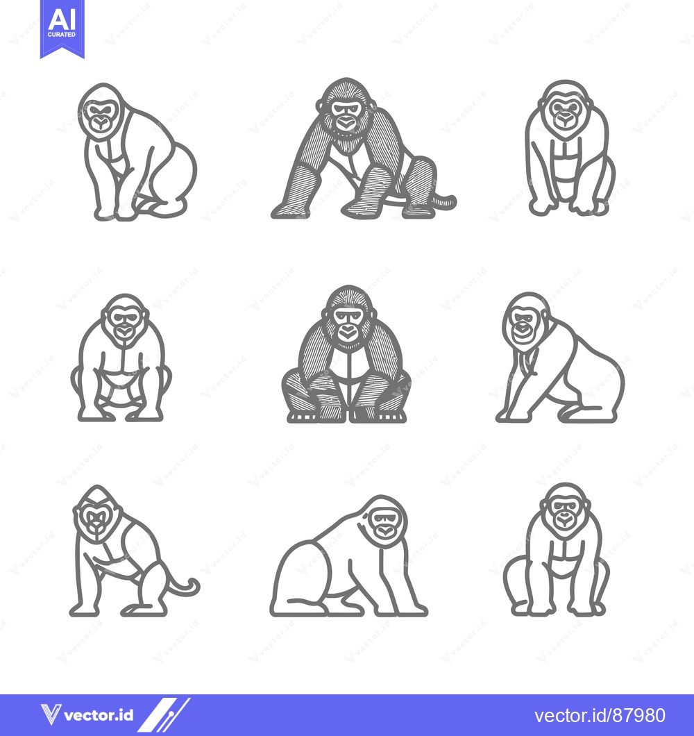 Premium Vector of Nine Grey Outline Gorilla Illustrations in Various Poses