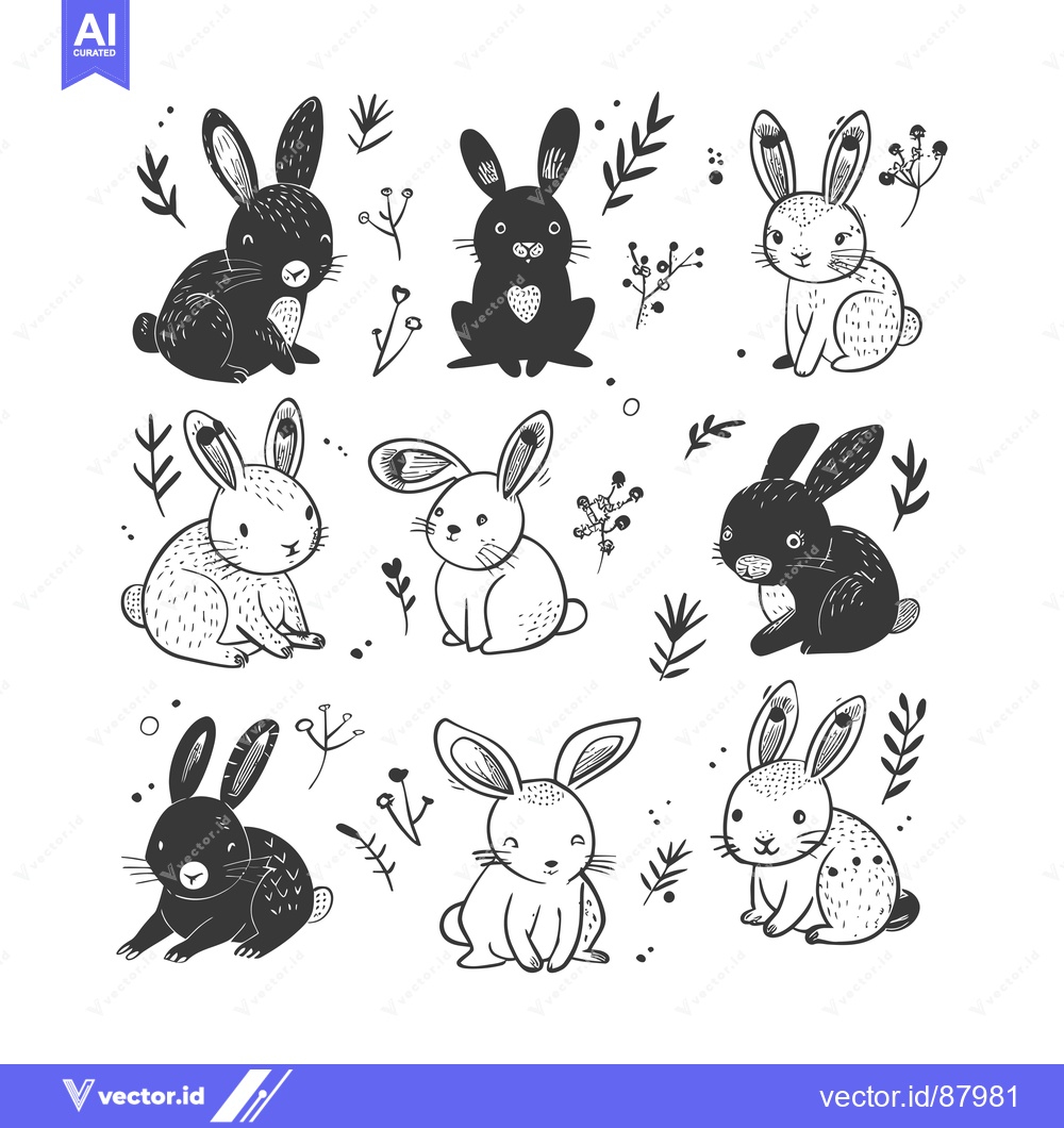 Premium Vector of Nine Hand-Drawn Black and White Bunnies with Floral Elements