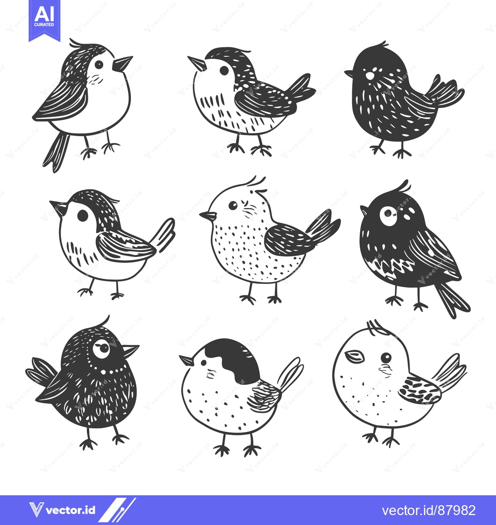Premium Vector dari Nine Hand-Drawn Black and White Cartoon Birds